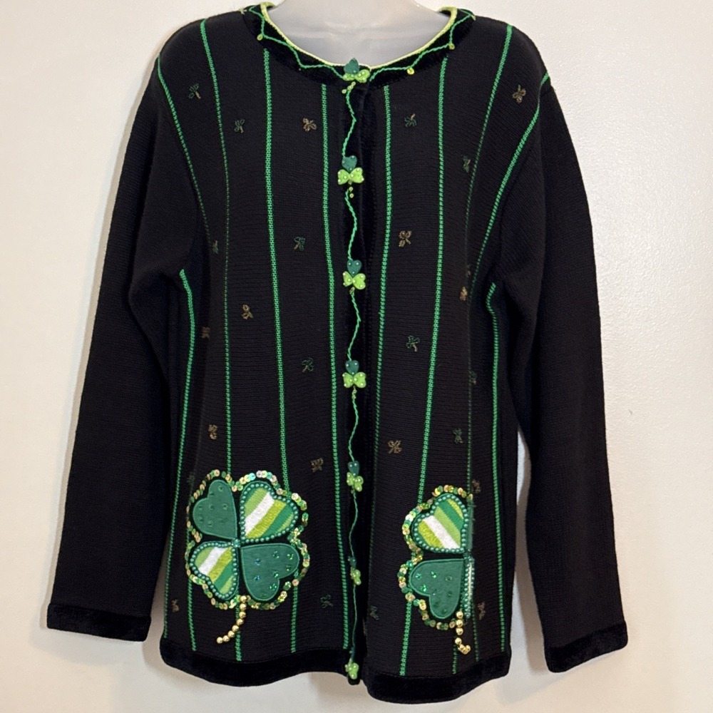 Quacker Factory Cardigan Sweater M Saint Patrick's 4 Four Leaf Clover‎ Sequins